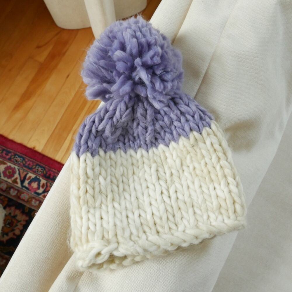Free People | Cream & Purple Chunky knit hat with pom purple & white